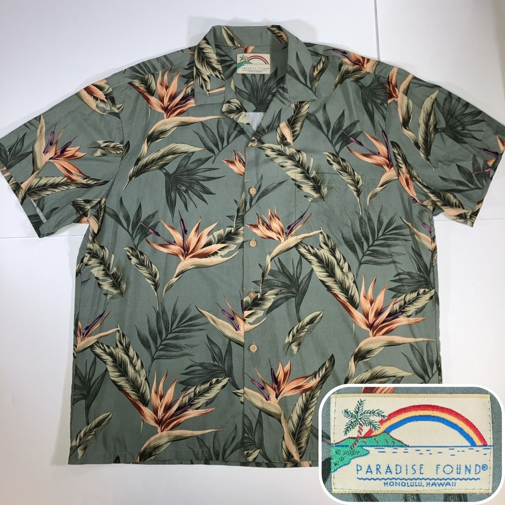 Vintage Paradise Found Hawaiian Shirt Mens XL Green Bird of Paradise Rayon
